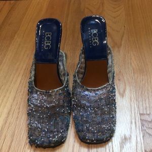 BCBG blue&silver beaded slip on heels.